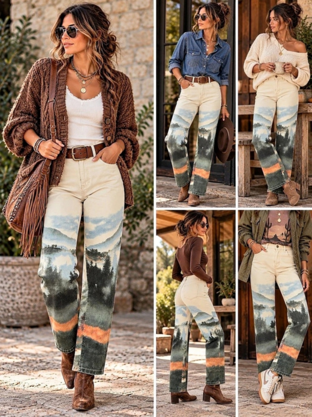 Missguided Abstract Landscape Print Straight Leg Jeans US 8